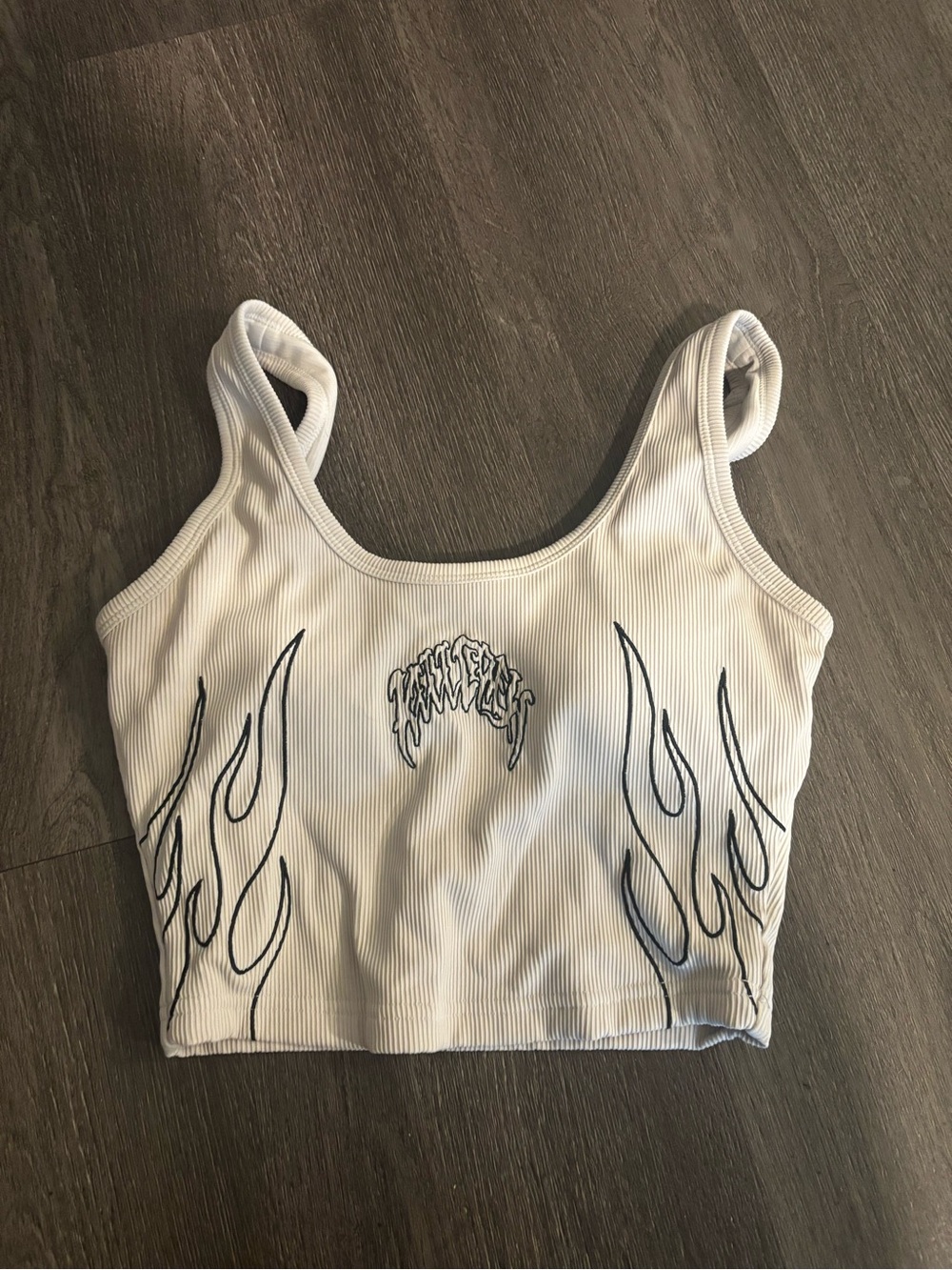 Kill Crew White Ribbed Crop Tank with Black Flame Motif